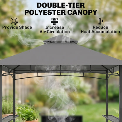 8' x 5' BBQ Grill Gazebo Tent, Double Tiered Canopy, Outdoor Sun Shade, Grey