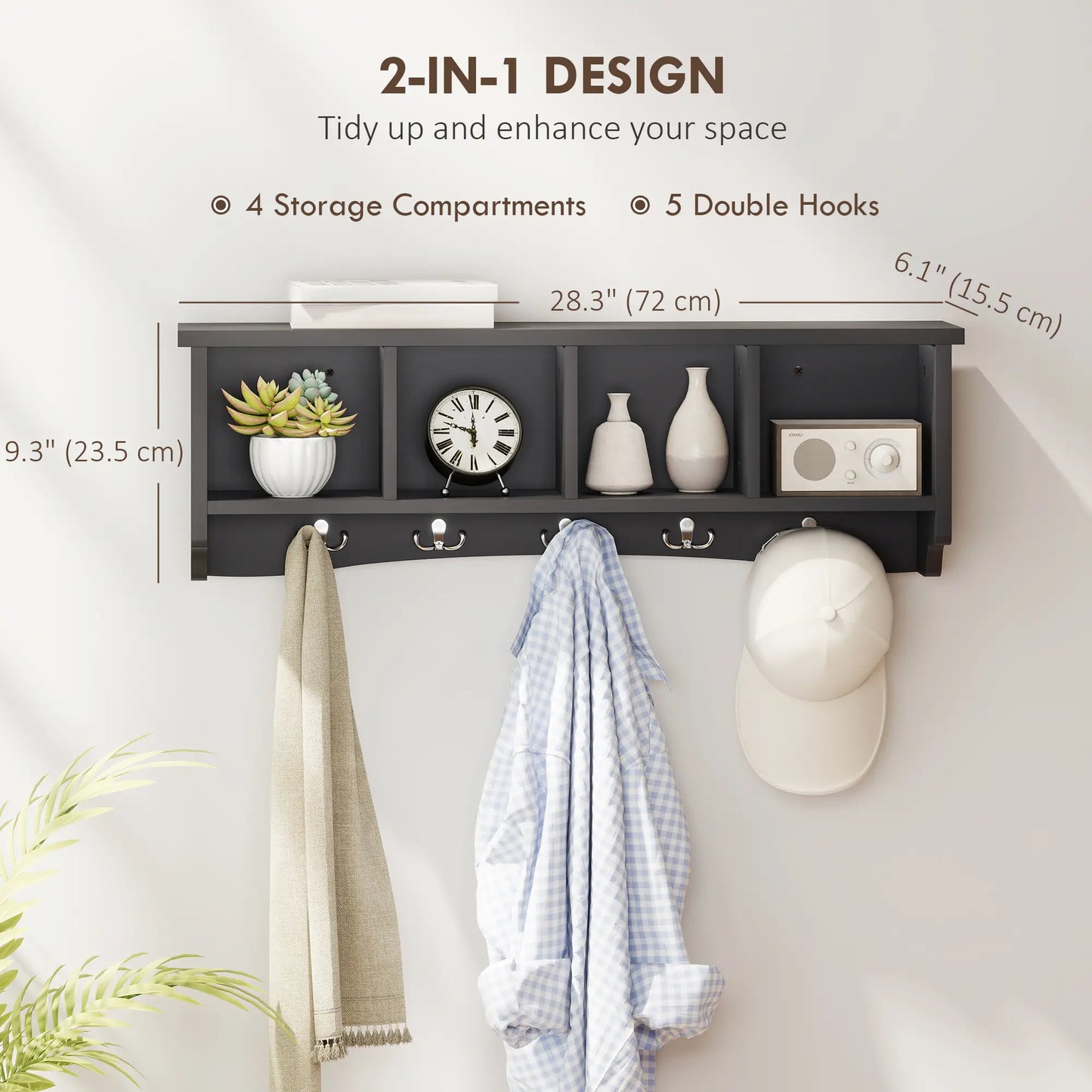 Wall Mount Coat Rack with Shelf, 28", 5 Hooks, 4 Compartments, Black Clothing Storage at Gallery Canada
