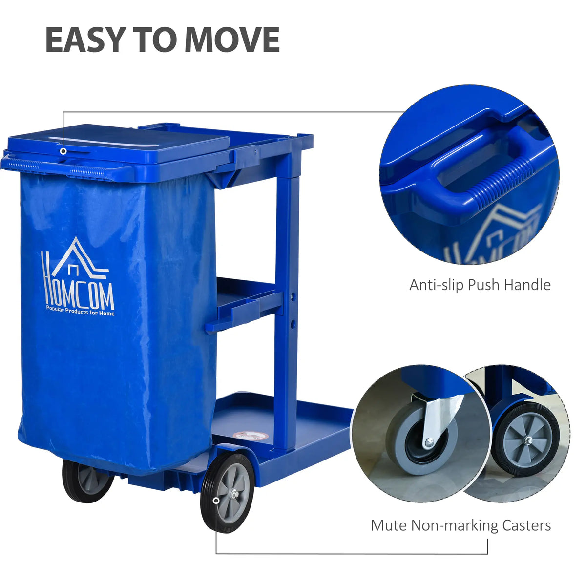Commercial Janitorial Cart, 3 Tier Shelves, Cleaning Trolley, Rubbish Bag, Mop Mount, Blue Household Supplies at Gallery Canada