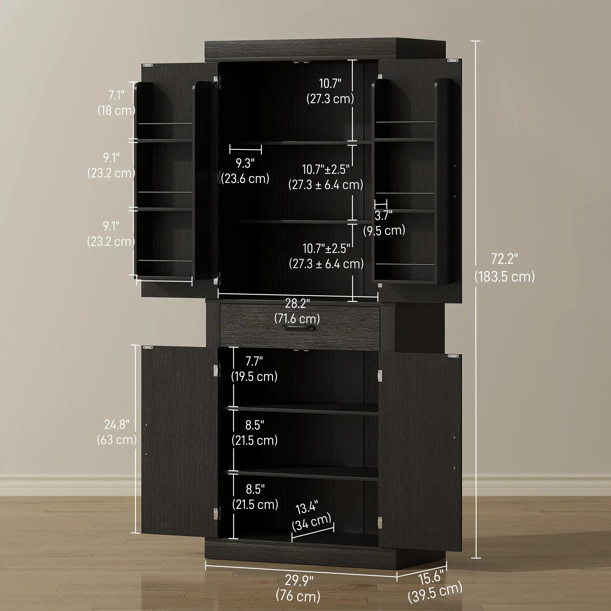 72 Inch Kitchen Pantry Cabinet, Farmhouse Storage, 4 Barn Doors, Black Kitchen Pantry Cabinets at Gallery Canada