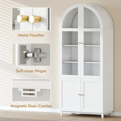 Arched Pantry Cabinet, 71" Tall, Acrylic Glass Doors, White Kitchen Pantry Cabinets at Gallery Canada