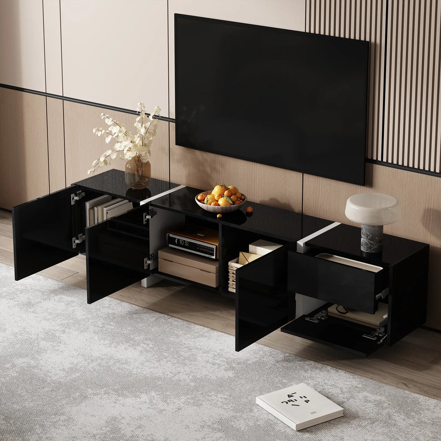 TV Cabinet, High Gloss Finish, LED Light, 67" L x 11.5" W x 11.5" H, Black TV Stands at Gallery Canada