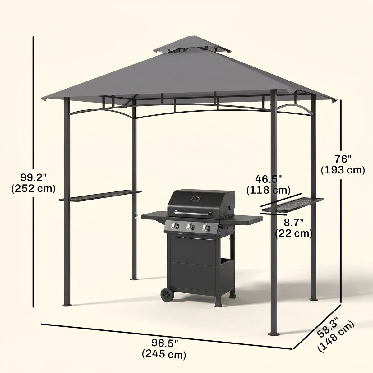 8' x 5' BBQ Grill Gazebo Tent, Double Tiered Canopy, Outdoor Sun Shade, Grey