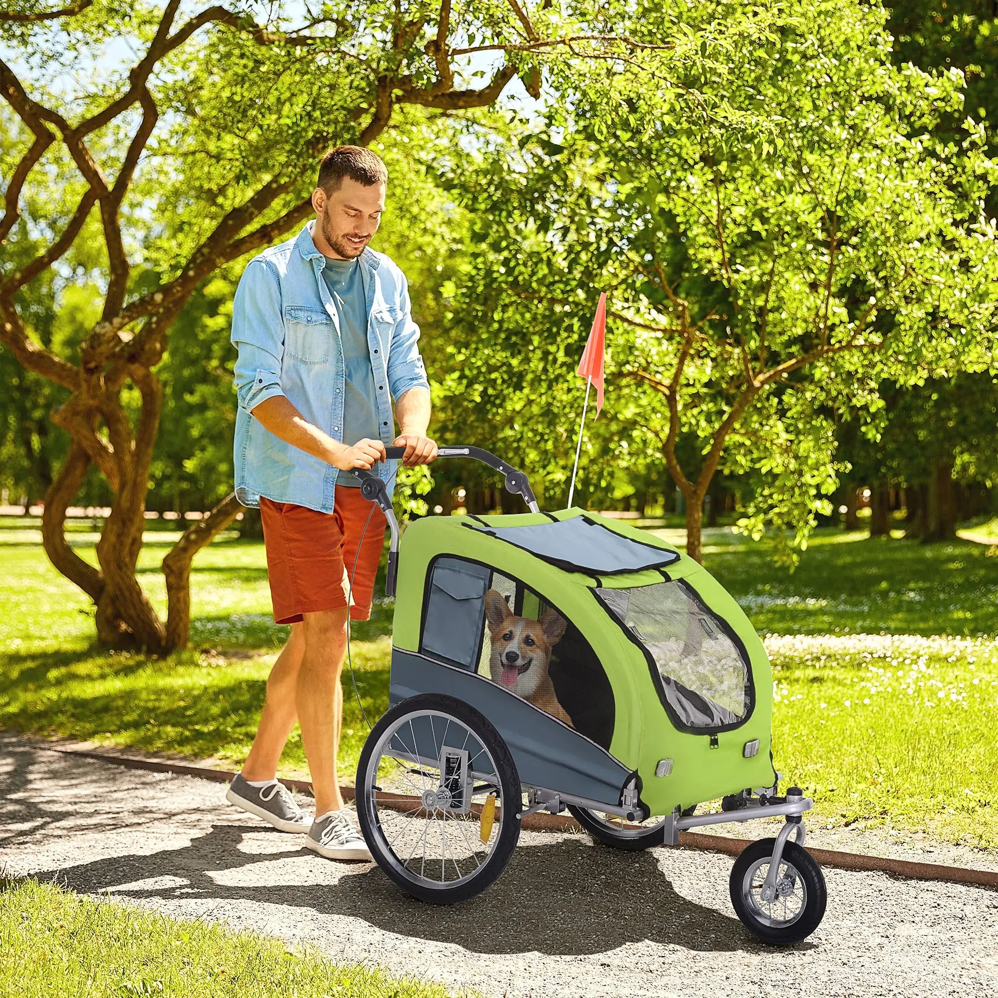 Dog Bike Trailer, 2-In-1, Suspension, Hitch, Storage Pockets, Green Dog Bike Trailers & Strollers at Gallery Canada
