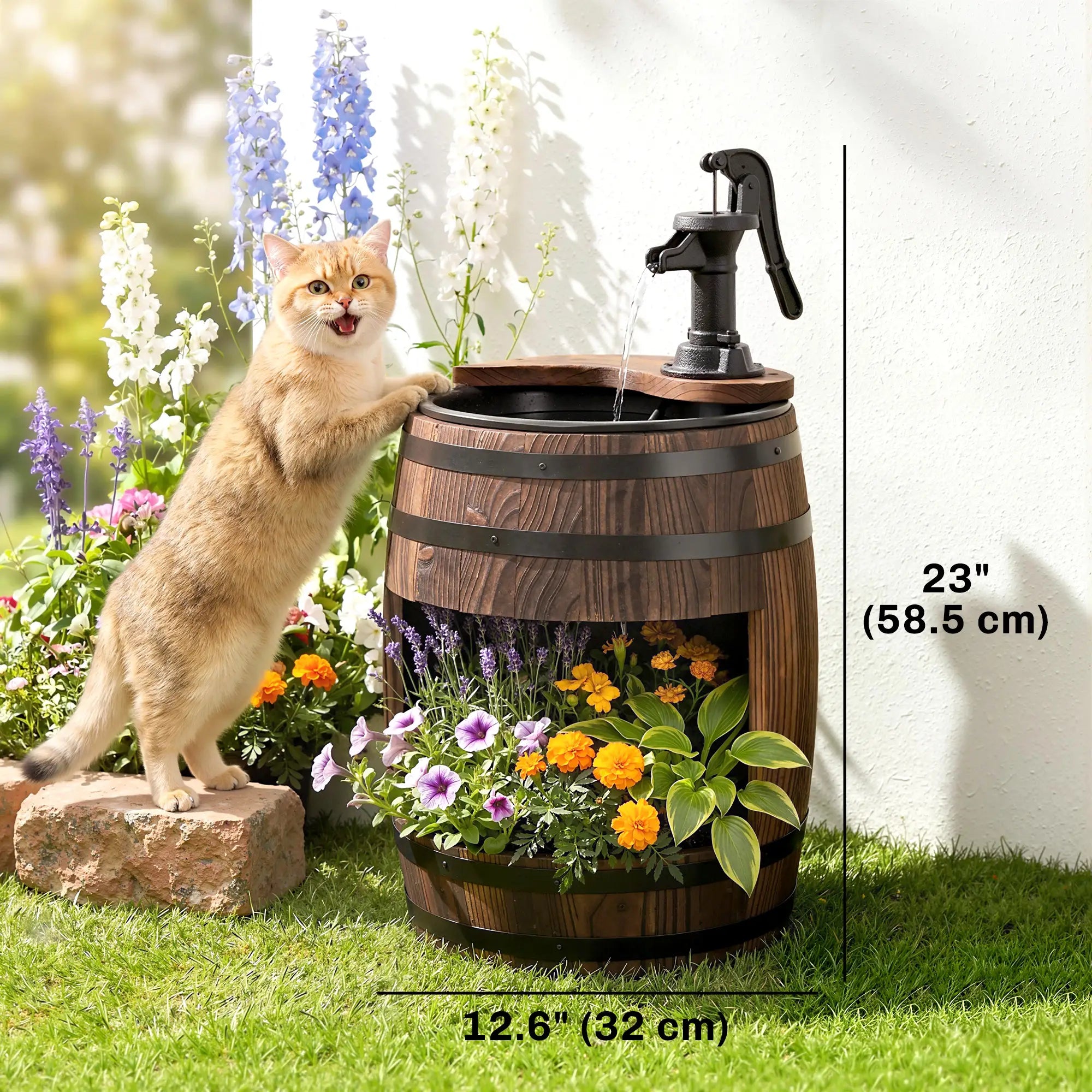 Wooden Outdoor Fountain, Electrical Barrel Waterfall, 3600r/min Pump, Carbonized Water Fountains at Gallery Canada