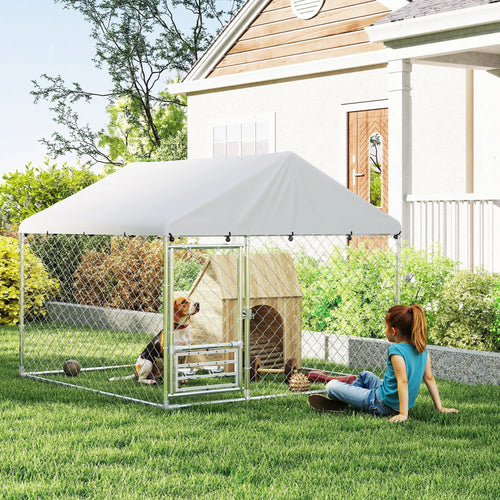 Outdoor Dog Run, Adjustable Rotating Bowls, Waterproof Cover, 6.6' x 6.6' x 5.1'
