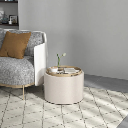 Round Coffee Table with Hidden Storage, Tray Top, Linen Footrest Coffee Tables at Gallery Canada