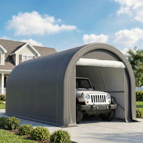 10' x 16' Heavy Duty Carport Tent, Zippered Door, PE Cover, Grey
