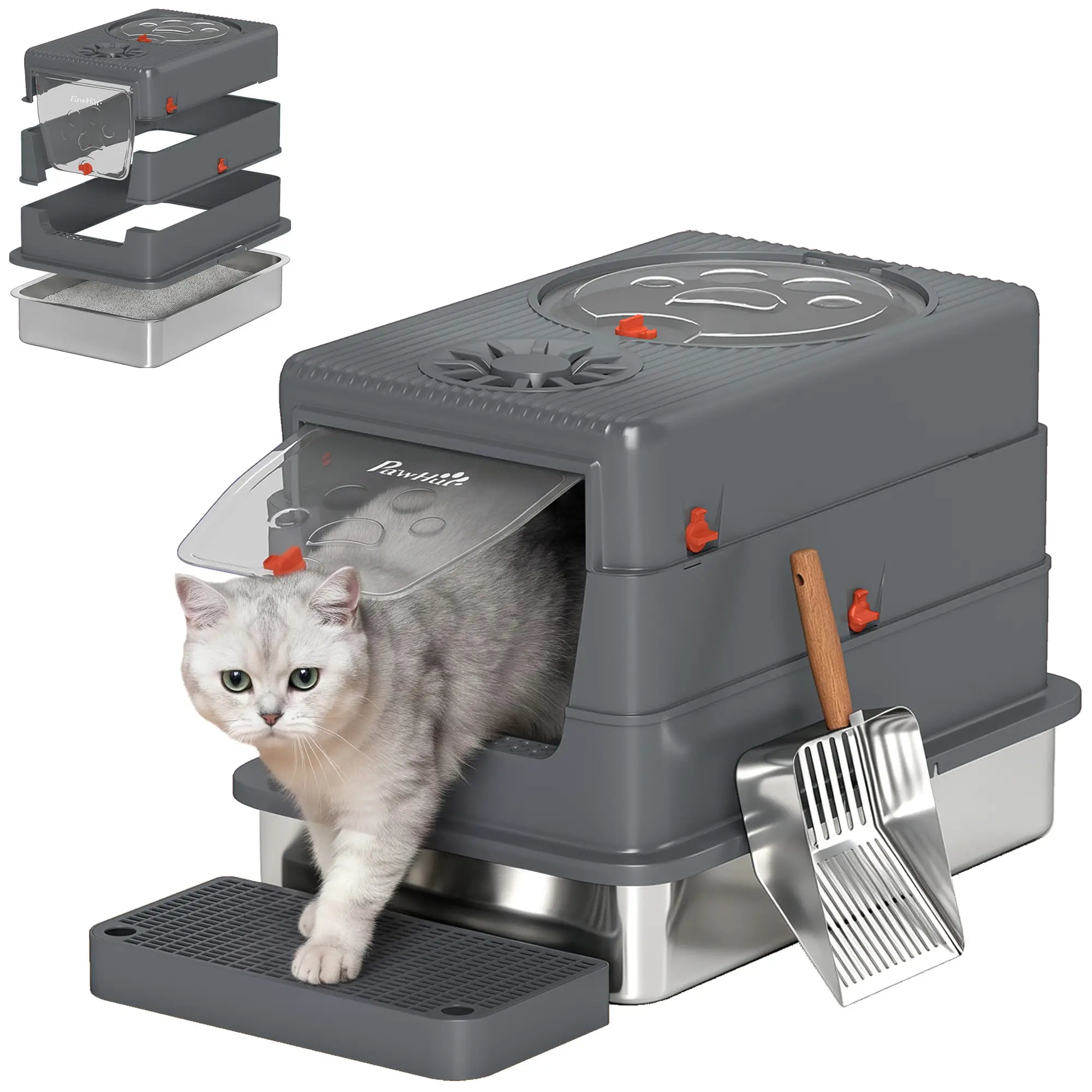 Enclosed Stainless Steel Cat Litter Box with Lid, Grey Cat Litter Box Enclosures at Gallery Canada