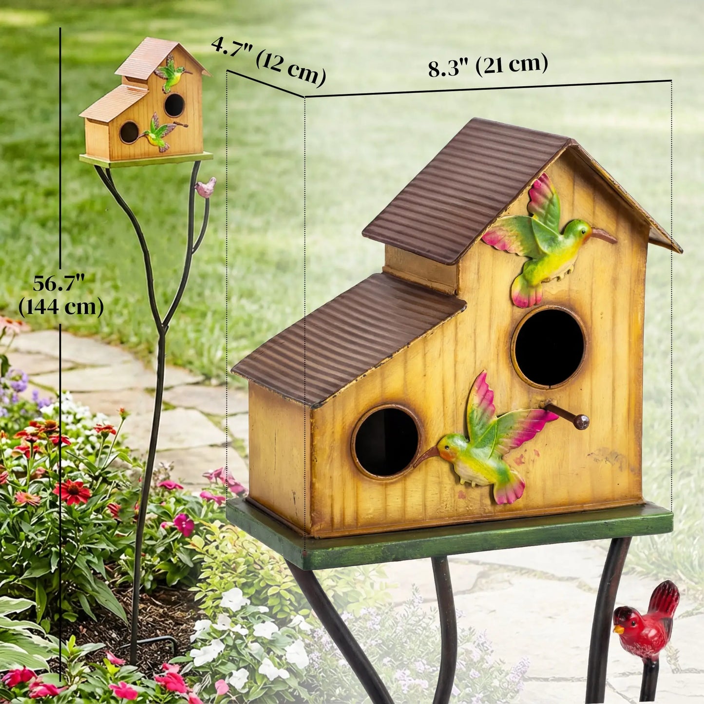 57" Outdoor Bird House With Pole, Double-Hole Metal Birdhouse, Yellow Birds at Gallery Canada