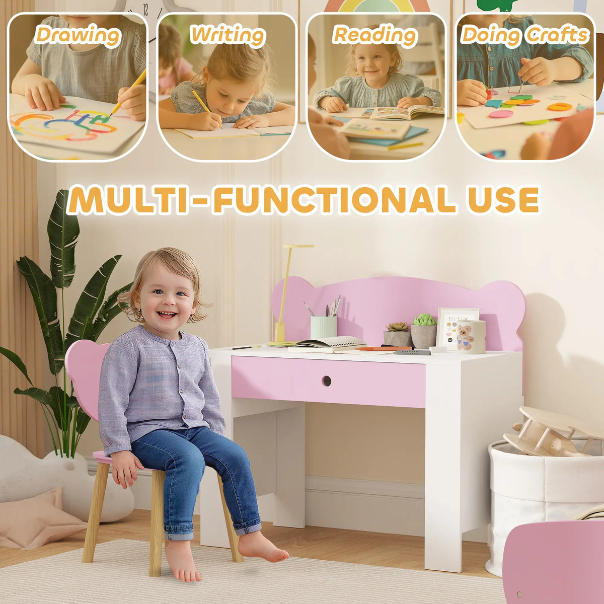 Kids Desk and Chair Set, Bear Theme, for Bedroom, Pink Kids Desk Sets at Gallery Canada