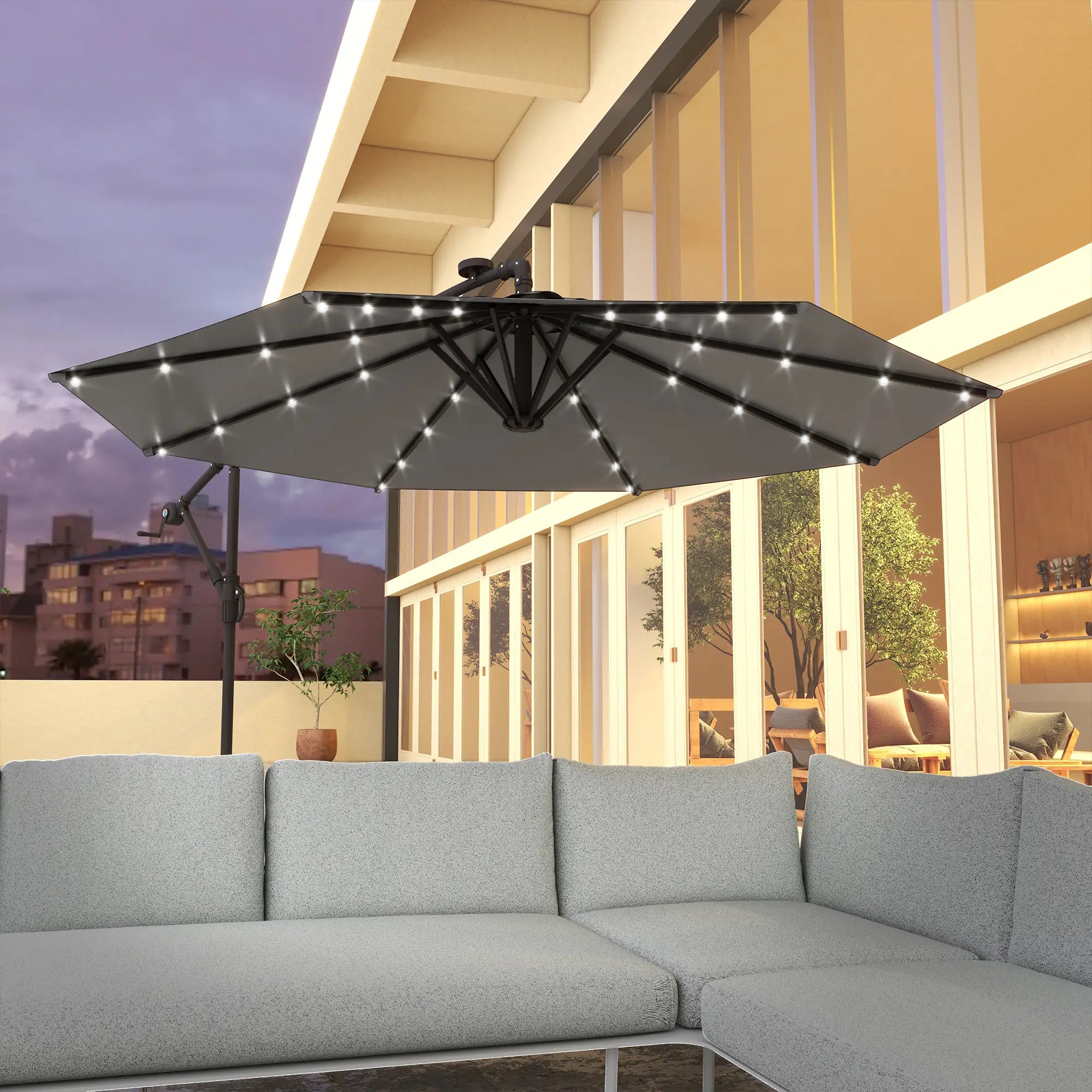 9.5' Offset Patio Umbrella with Solar LED Lights, Dark Grey Cantilever Umbrellas at Gallery Canada