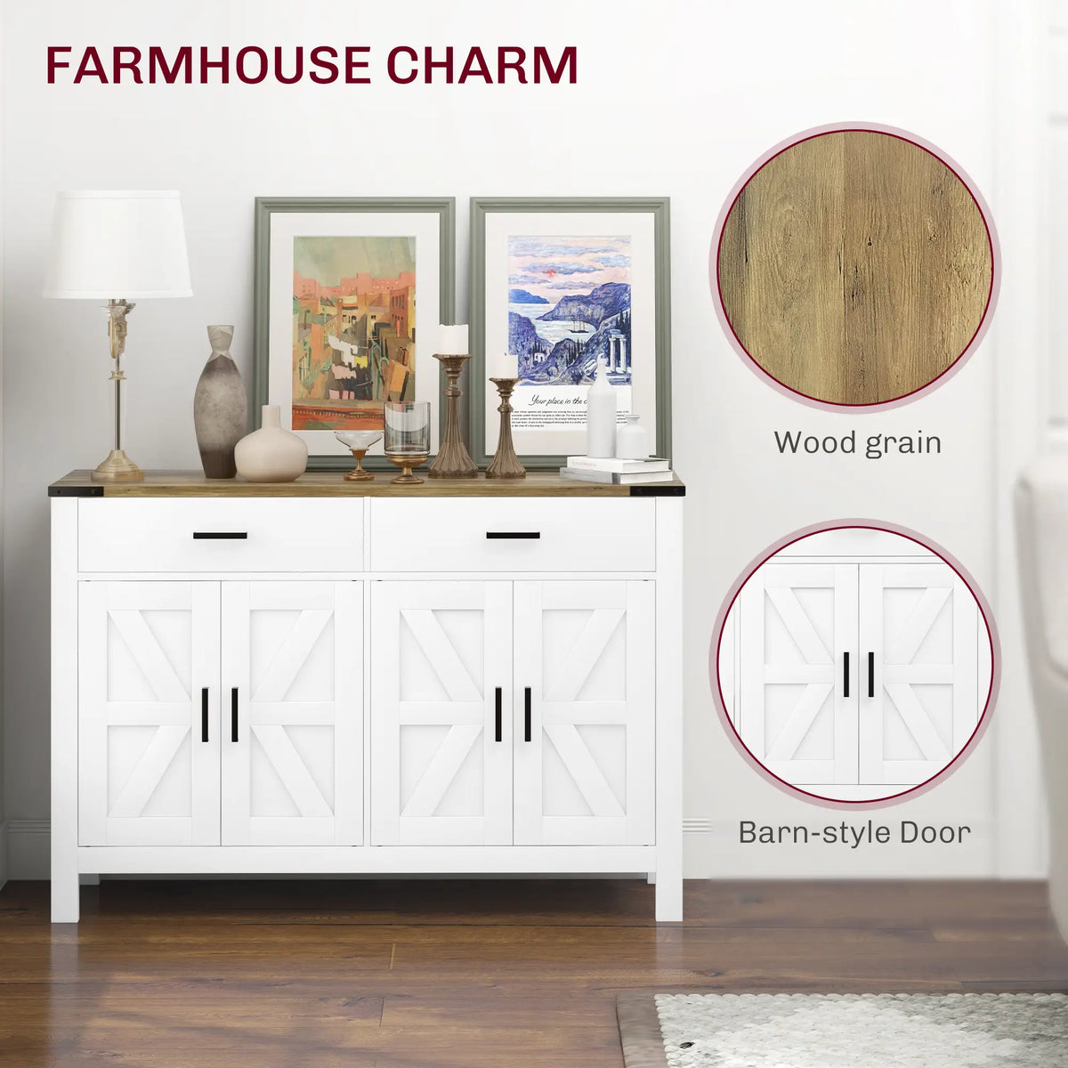 Farmhouse Buffet Cabinet, 2 Drawers, 2 Cabinets, Adjustable Shelves, White Bar Cabinets at Gallery Canada