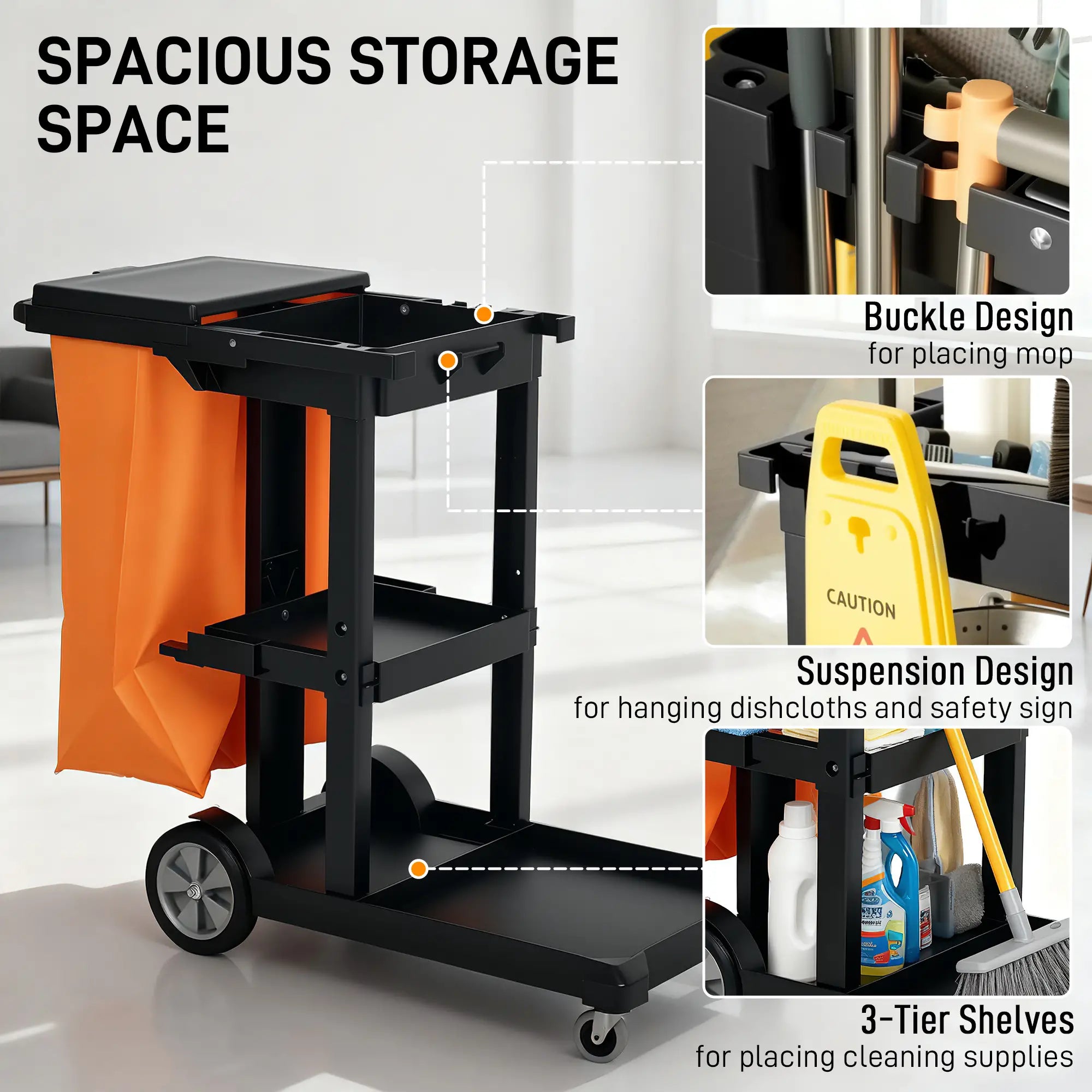Commercial Janitorial Cart, 3 Tier Shelves, Black Household Supplies at Gallery Canada