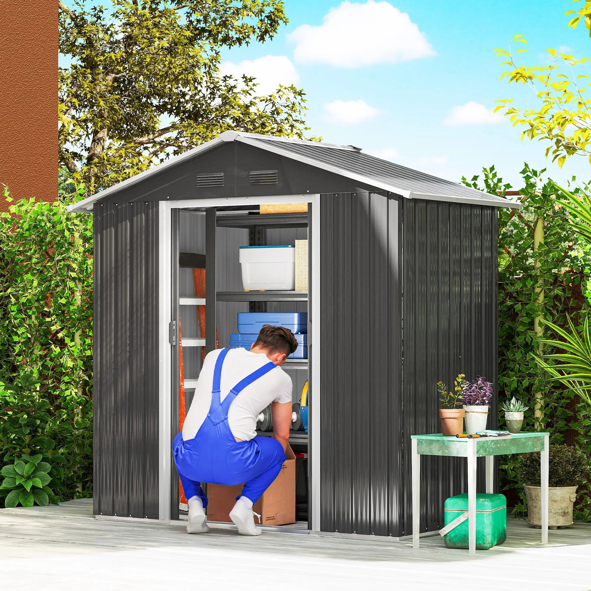 6.5x3.5ft Metal Garden Shed, Outdoor Tool Storage, Double Sliding Doors, Vents, Dark Grey Sheds at Gallery Canada