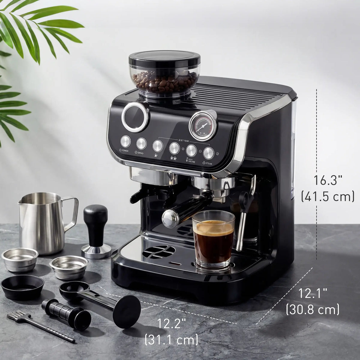 15 Bar Espresso Machine With Grinder & Milk Frother, Stainless Steel, Black Small Kitchen Appliances at Gallery Canada