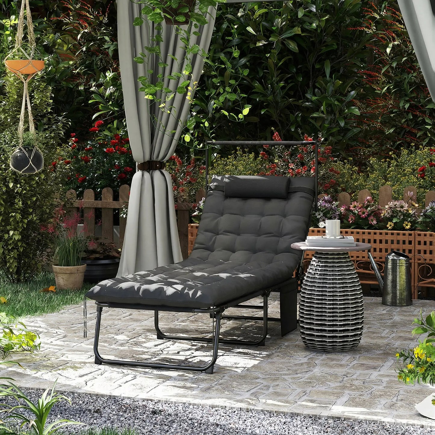 Folding Lounge Chair With Adjustable Canopy, 4-Position Tanning Chair, Dark Grey Lounger Chairs at Gallery Canada