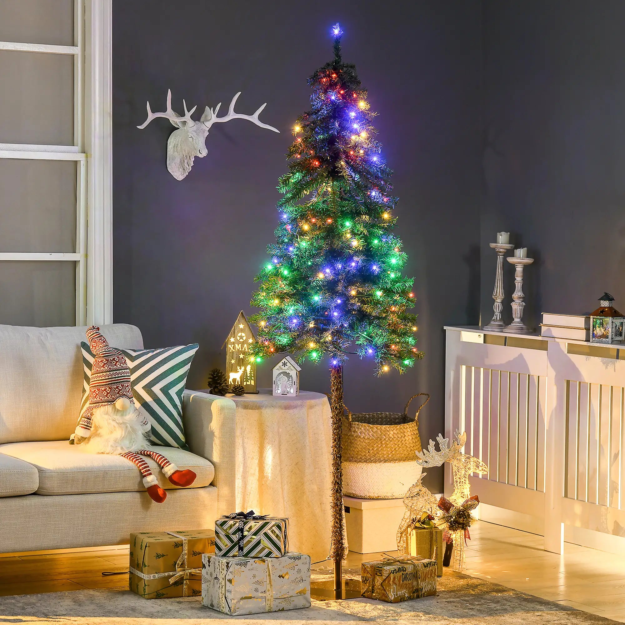 6' Artificial Christmas Tree, Pencil Shape, Steel Base, Warm White or Colorful LED Pencil Christmas Trees at Gallery Canada