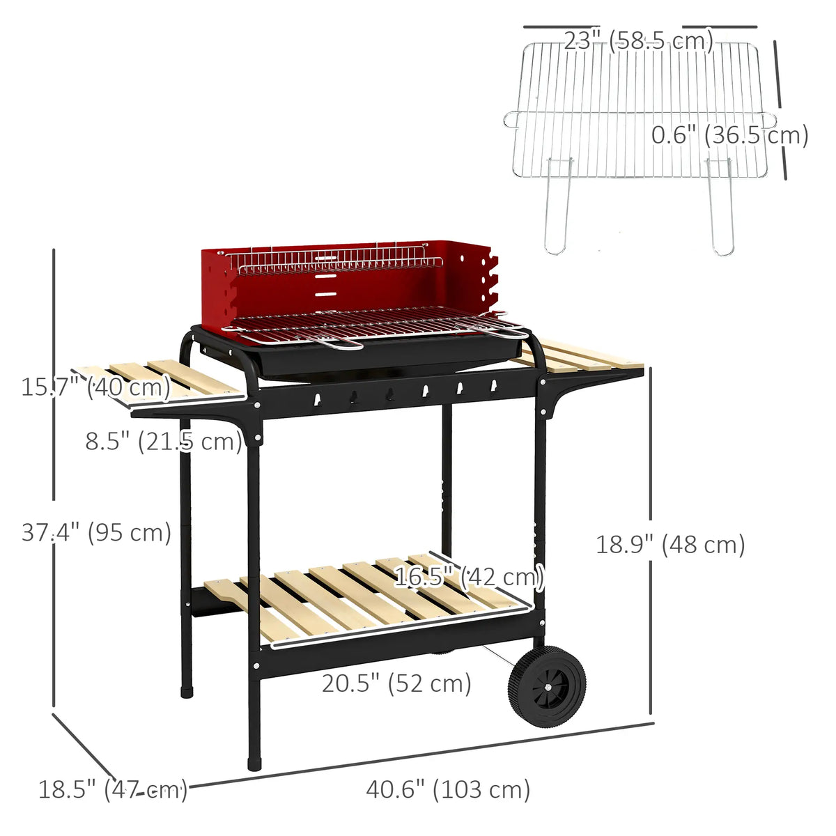 Charcoal Barbecue Grill, Adjustable Height, Portable BBQ Trolley, Red