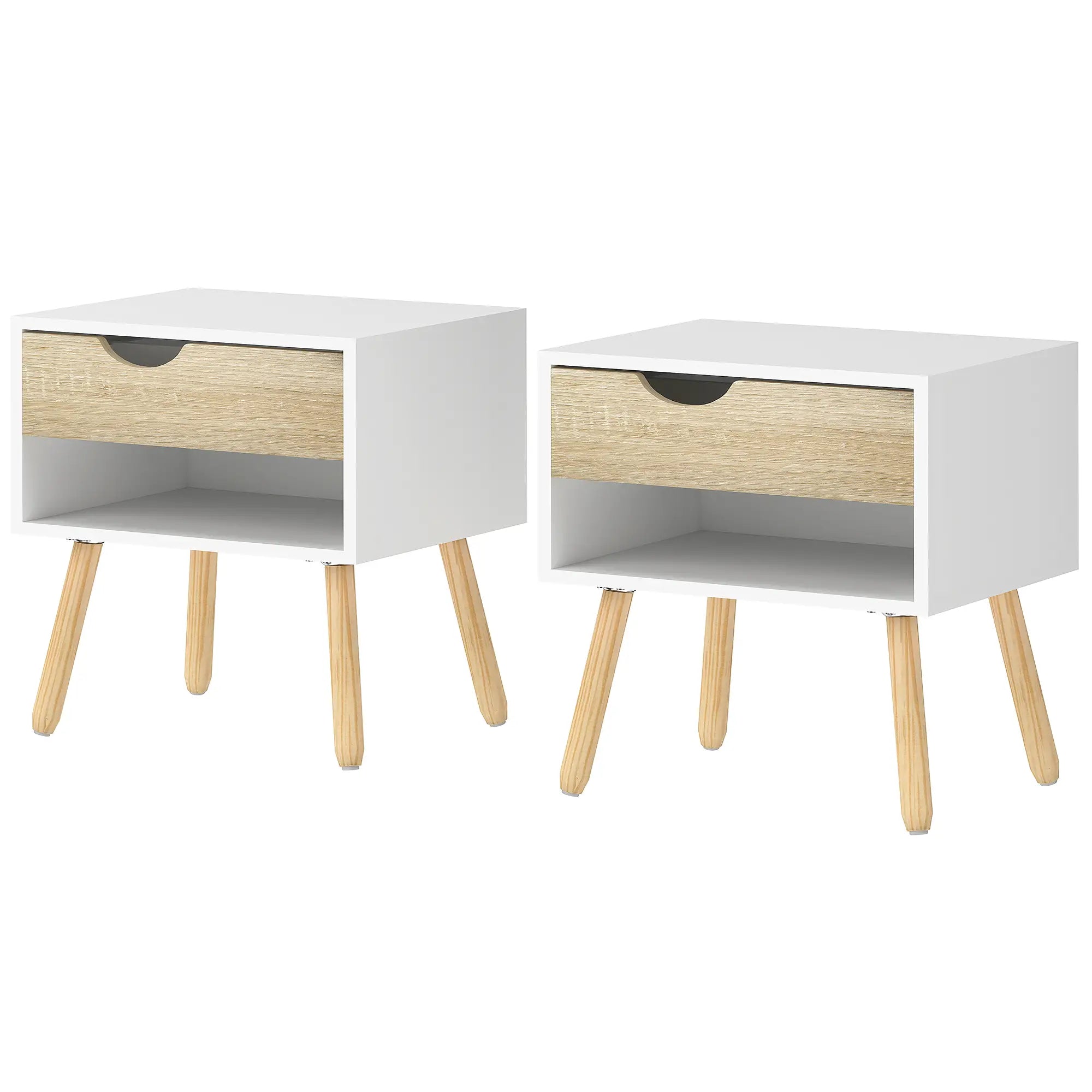 Set of 2 Bedside Tables, Modern Nightstand with Drawer, Shelf, White Bedside Tables Oak, White at Gallery Canada
