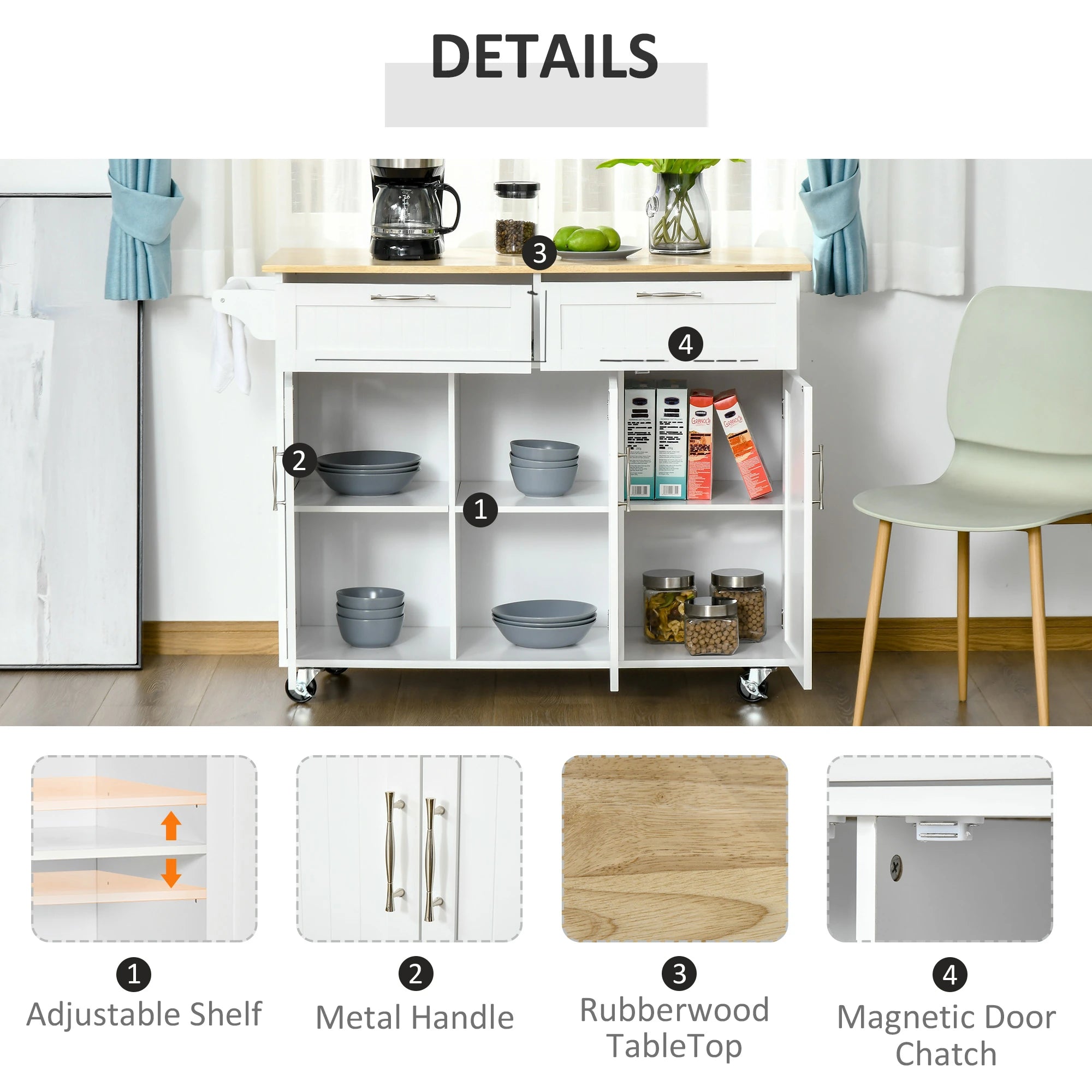 Rolling Kitchen Island, Cart with 2 Drawers, 3 Door Cabinets, 3-Doors, White Kitchen Islands & Kitchen Carts at Gallery Canada