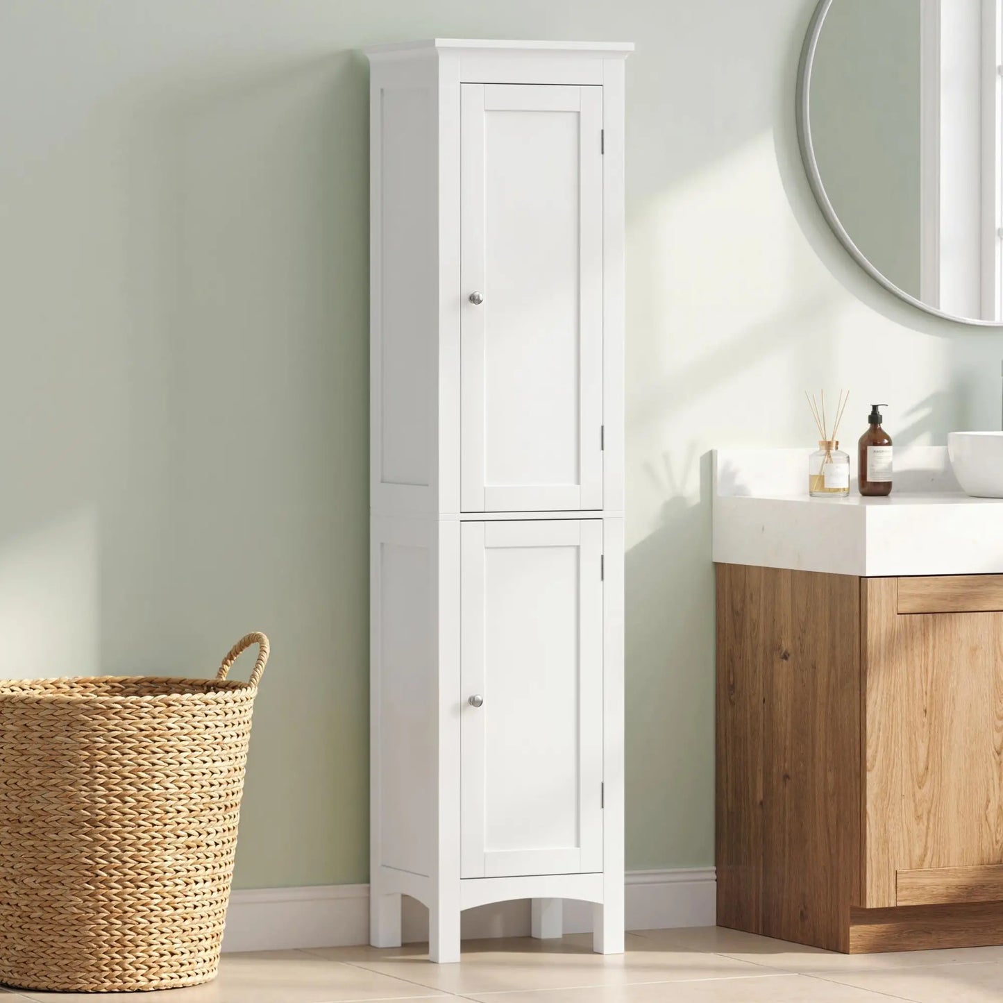 Tall Bathroom Cabinet, Freestanding Storage Organizer, 15" x 13" x 63", White Bathroom Cabinets at Gallery Canada