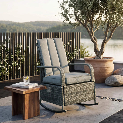 Outdoor Wicker Rocking Chair With Cushion, Mixed Grey