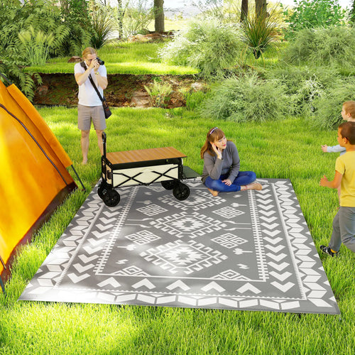 9' x 12' Outdoor RV Rug, Reversible Patio Mat, White and Grey