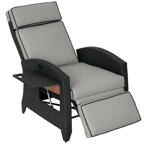 Outdoor Recliner Chair, Adjustable Backrest, Cushion, Side Tray, Light Grey