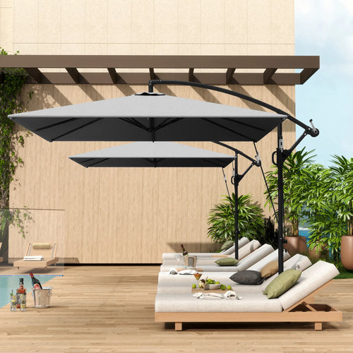 Patio Offset Umbrella, Crank Parasol With Base, Cover, Wind Securing, Khaki