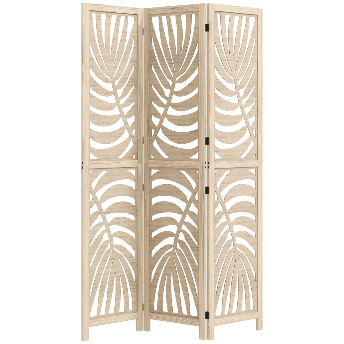 3 Panel Room Divider, Detachable Folding Privacy Screen, Palm Leaf Design, Natural Wood Finish Room Dividers Natural at Gallery Canada