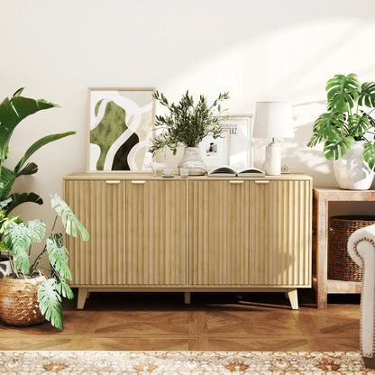 Fluted Sideboard Buffet, 55" Coffee Bar Cabinet, 4 Doors, 2 Shelves, Nature Wood Storage Cabinets at Gallery Canada