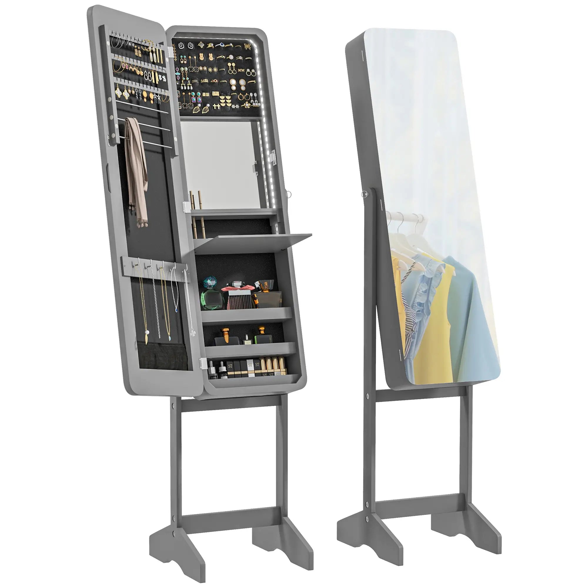 Standing Mirror Jewelry Cabinet, LED Lights, Angle Adjustable, Grey Jewelry Armoire & Jewellery Mirror Cabinets Grey at Gallery Canada