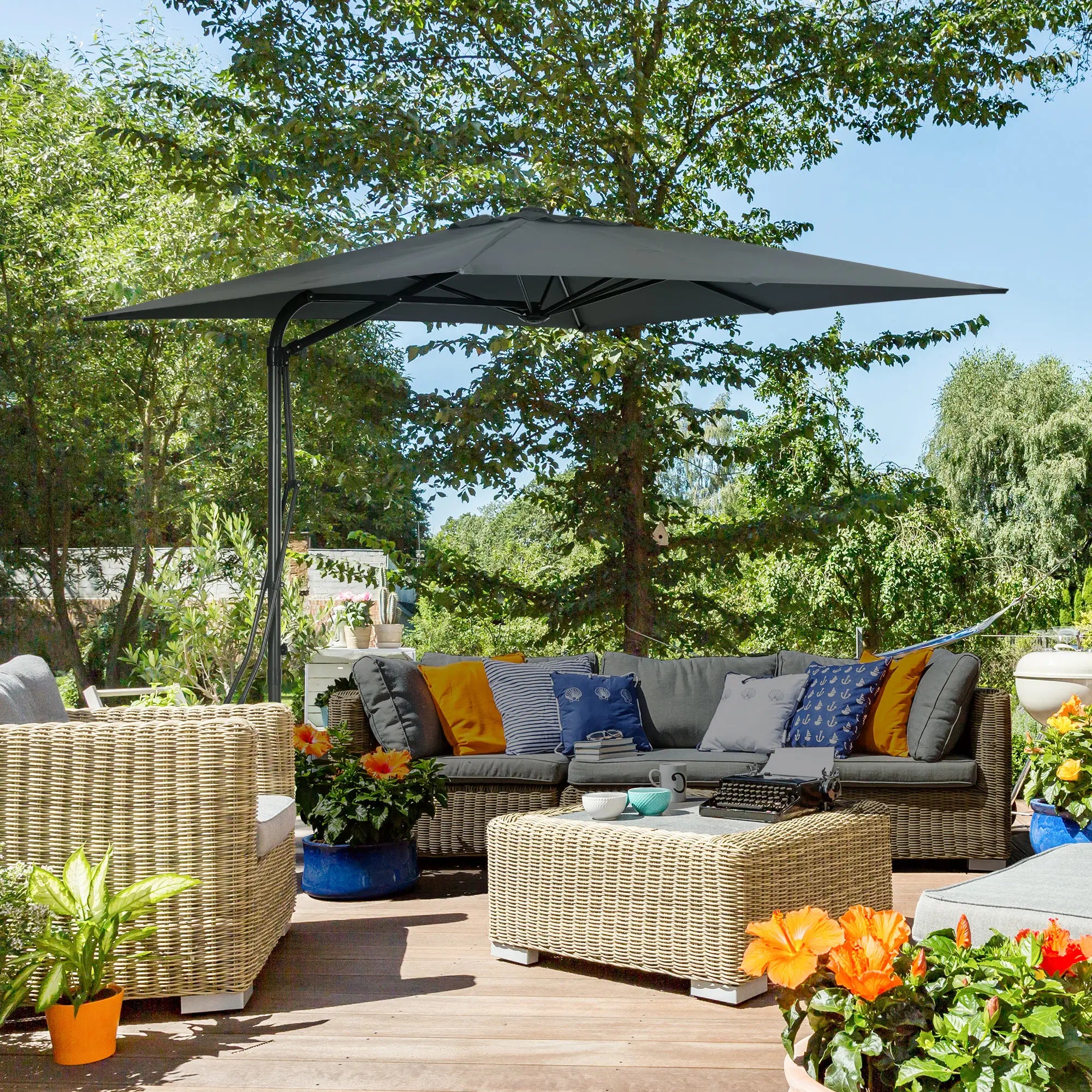 8FT Cantilever Patio Umbrella, Offset with Cross Base, Dark Gray Cantilever Umbrellas at Gallery Canada