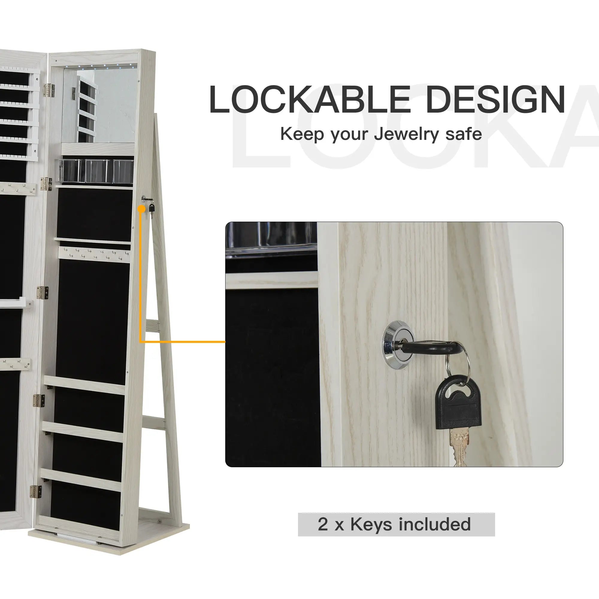 Mirror Jewelry Cabinet, Lockable Organizer with LED Lights, White Wood, White Jewelry Armoire & Jewellery Mirror Cabinets at Gallery Canada