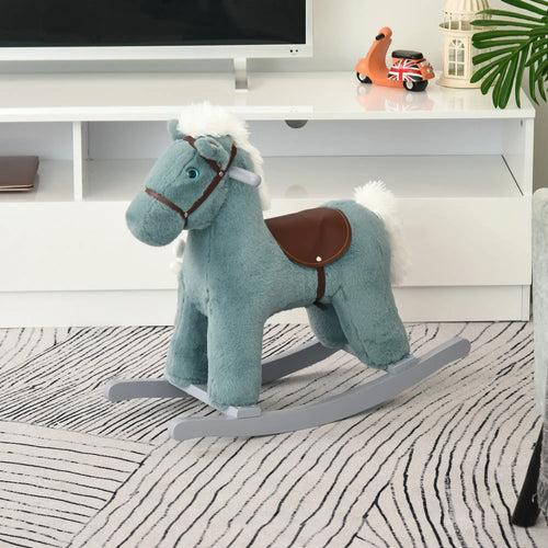 Kids Plush Ride-On Rocking Horse, Soft Bear Toy, Realistic Sounds, Blue