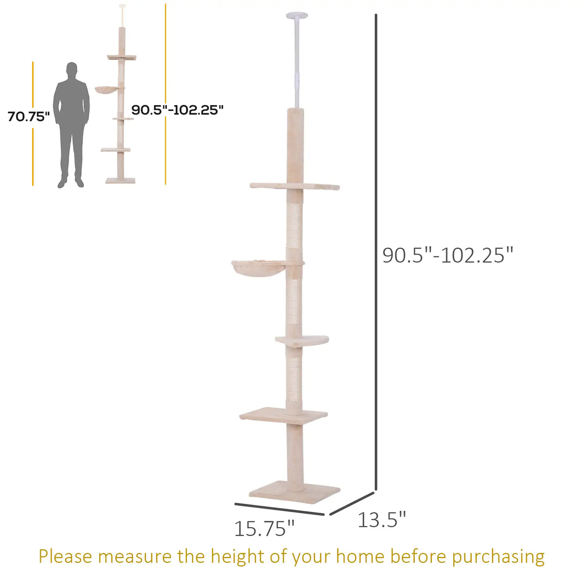 8.5ft Cat Climbing Tree, 5-Tier Kitty Activity Center, Scratching Post, Beige Floor to Ceiling Cat Trees at Gallery Canada
