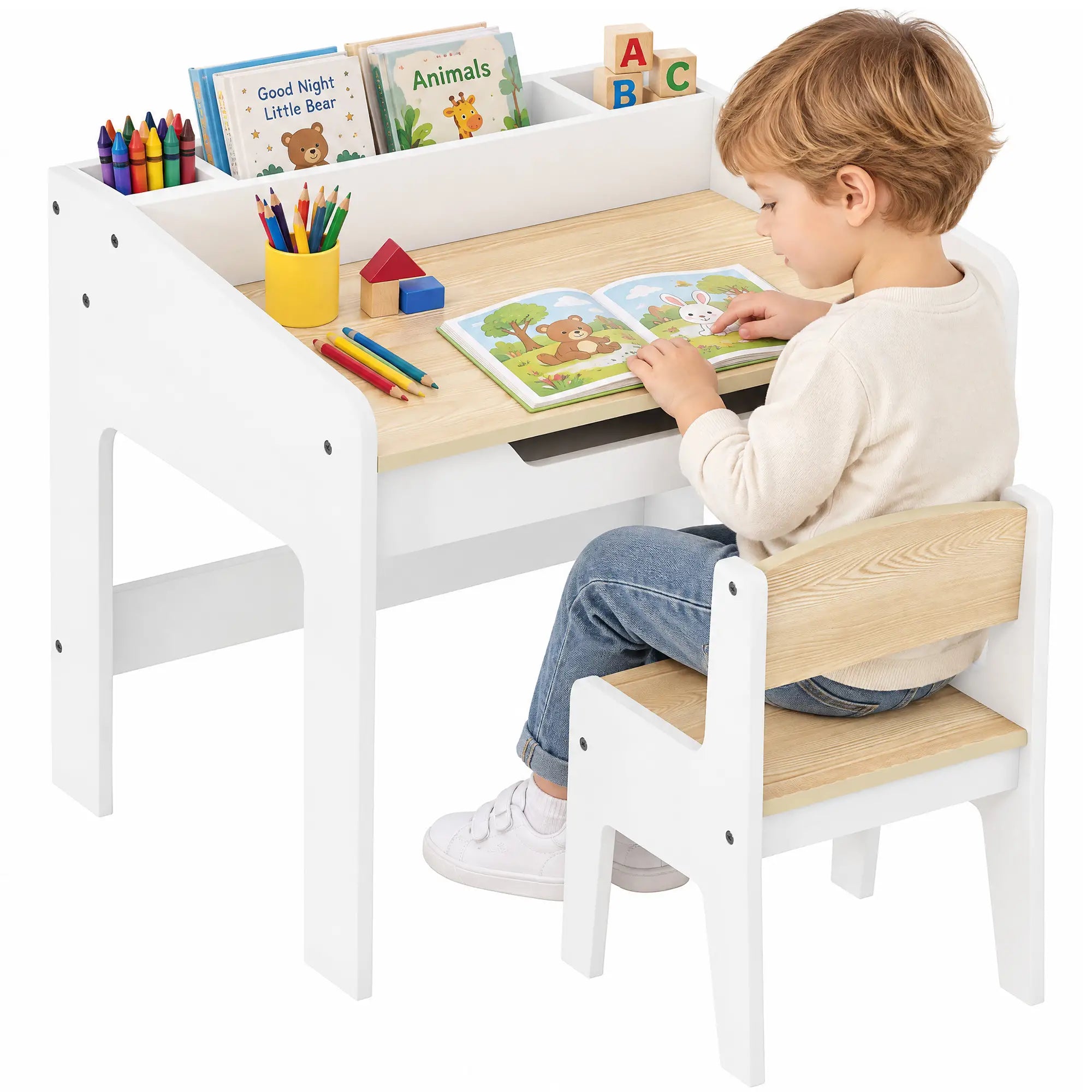 Kids Table and Chair Set, Study Desk with Shelf, White, White Kids Table Sets at Gallery Canada