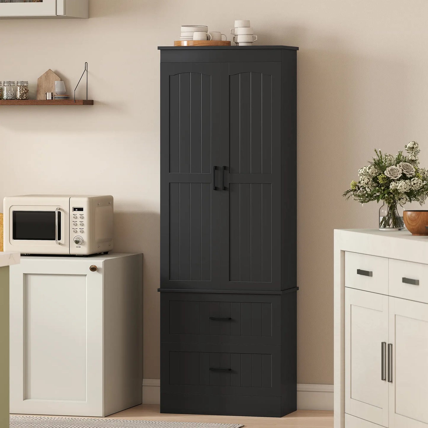 Tall Pantry Cabinet, 67", Kitchen Storage with Adjustable Shelves, Black Kitchen Pantry Cabinets at Gallery Canada