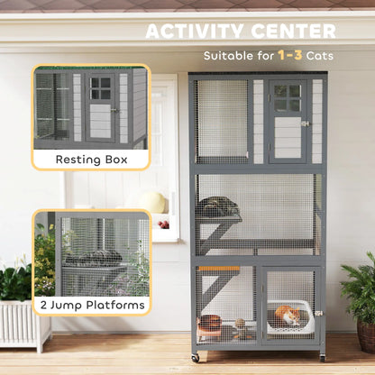 74" Wooden Outdoor Cat House, Weatherproof, Wheeled, Light Grey Outdoor Cat Enclosures at Gallery Canada