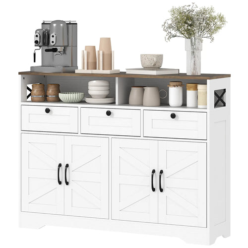 Sideboard, Buffet Cabinet with 4 Barn Doors, 3 Drawers, White
