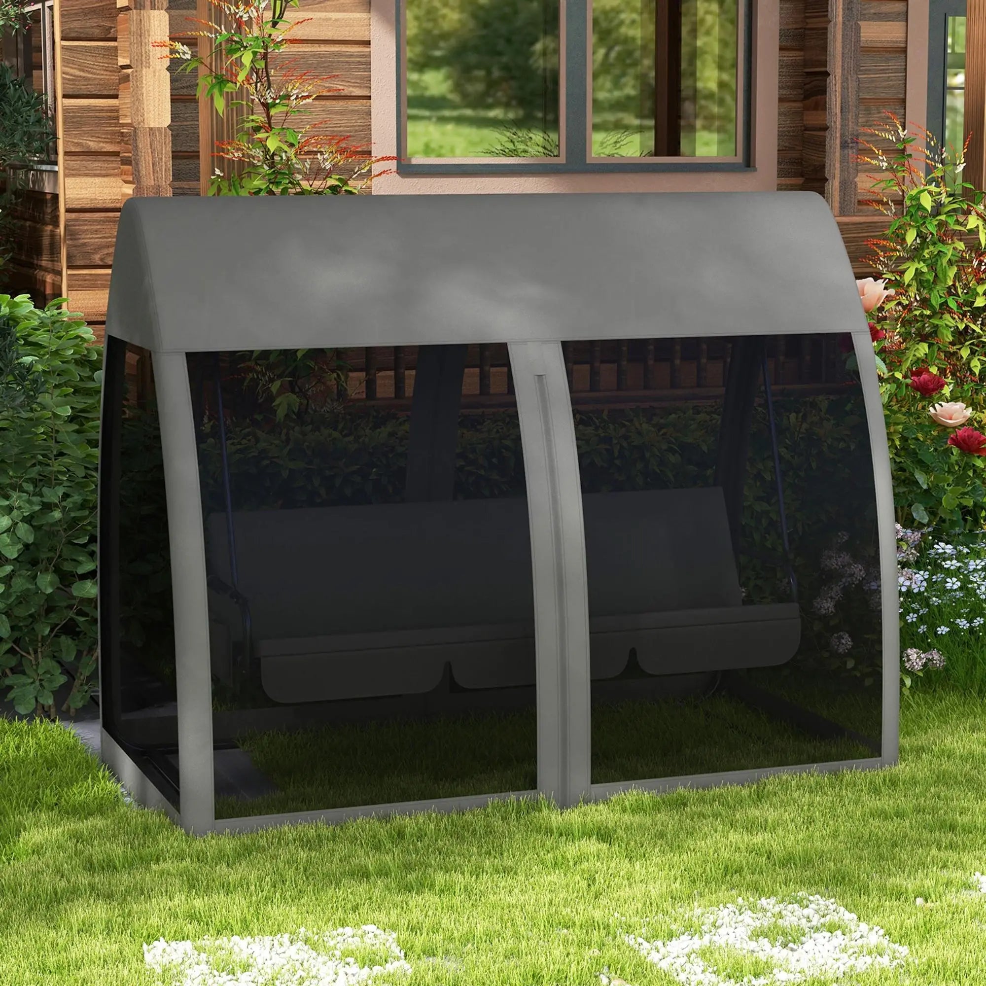 3-Seater Outdoor Swing Chair, Steel Stand, Canopy Netting, Dark Grey Porch Swings with Canopy at Gallery Canada