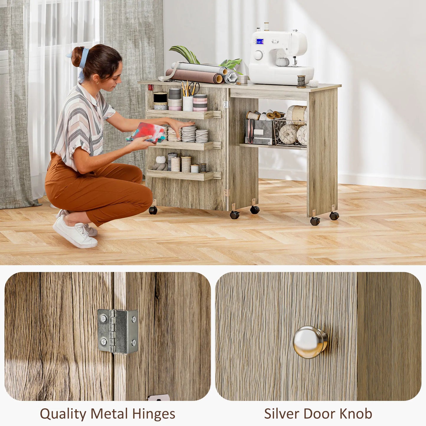 Folding Sewing Table with Storage Shelf, Bins, Lockable Wheels, Grey Storage Cabinets at Gallery Canada