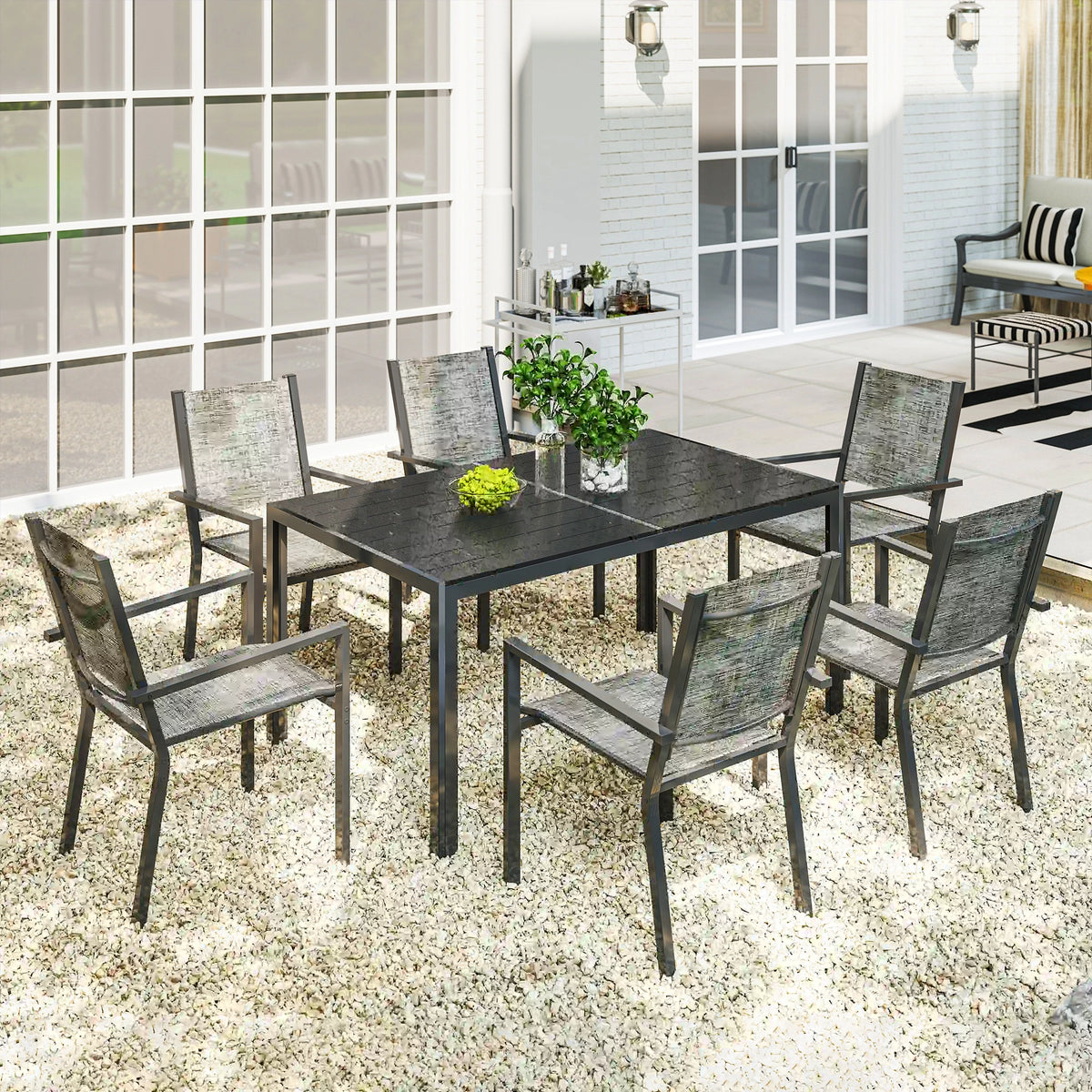 7-Piece Outdoor Dining Set, 6 Stackable Chairs, Rectangle Table, WPC Slatted Top Outdoor Dining Sets at Gallery Canada