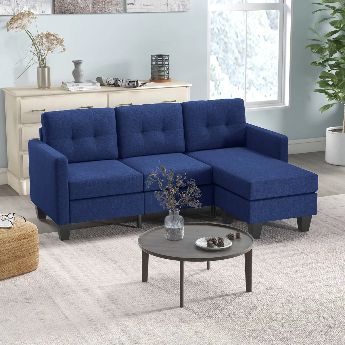 L-Shaped Sofa, 3 Seater Sectional Couch with Ottoman, Dark Blue 3-Seater Sofas at Gallery Canada