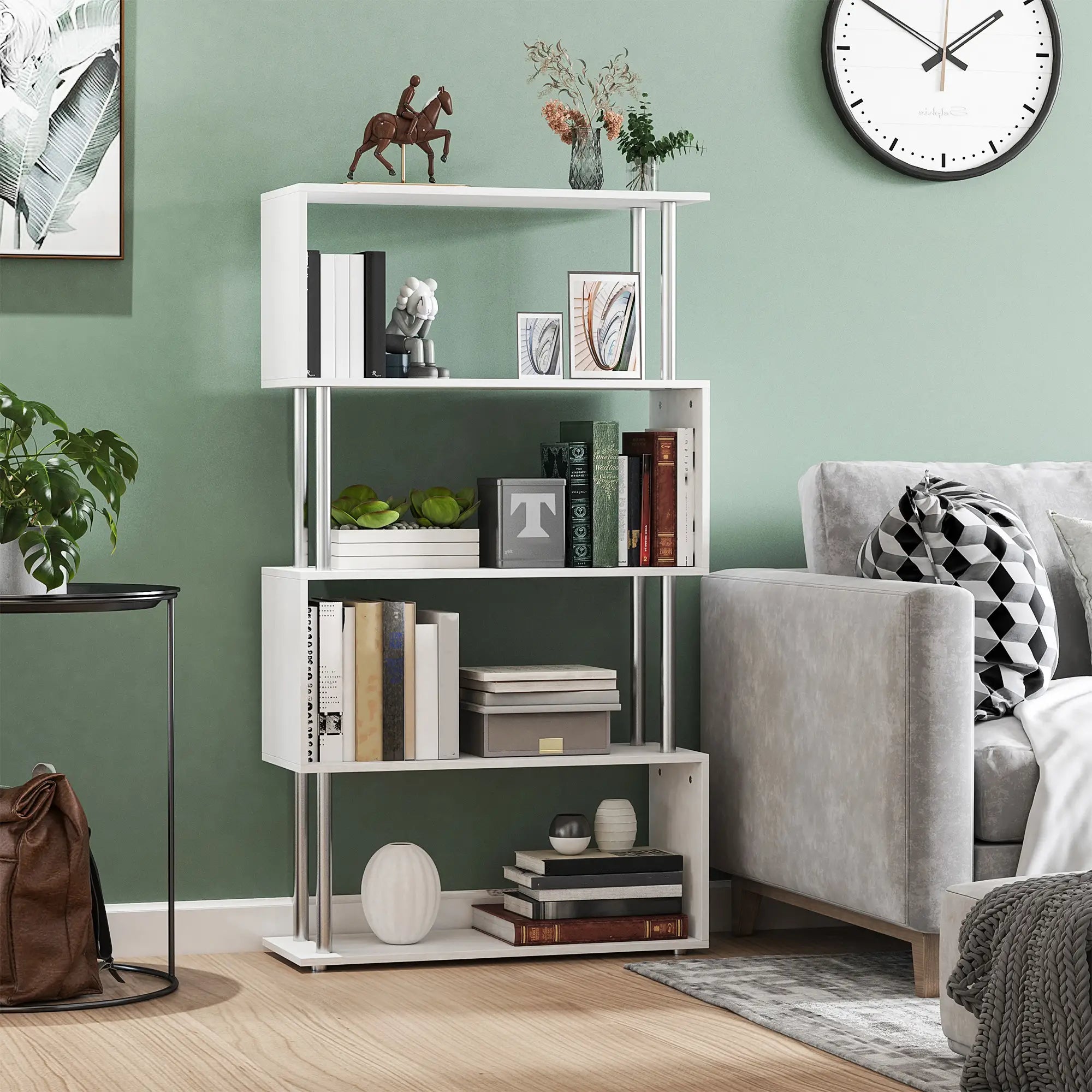 5-Tier Geometric Wooden Bookcase, S-Shaped Storage, White Display Bookshelves at Gallery Canada