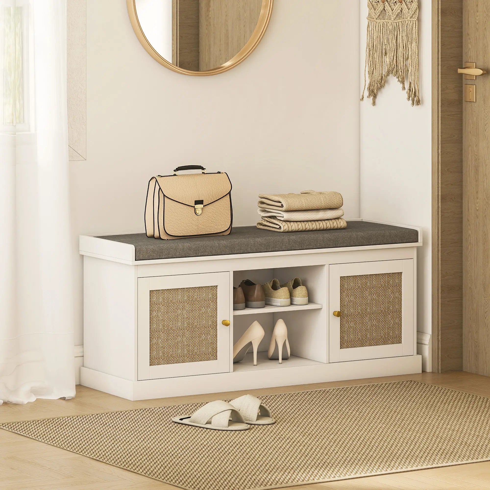 Shoe Bench with Padded Cushion, Boho Entryway, Rattan Doors, Adjustable Shelves, White Shoe Storage Cabinets & Racks at Gallery Canada