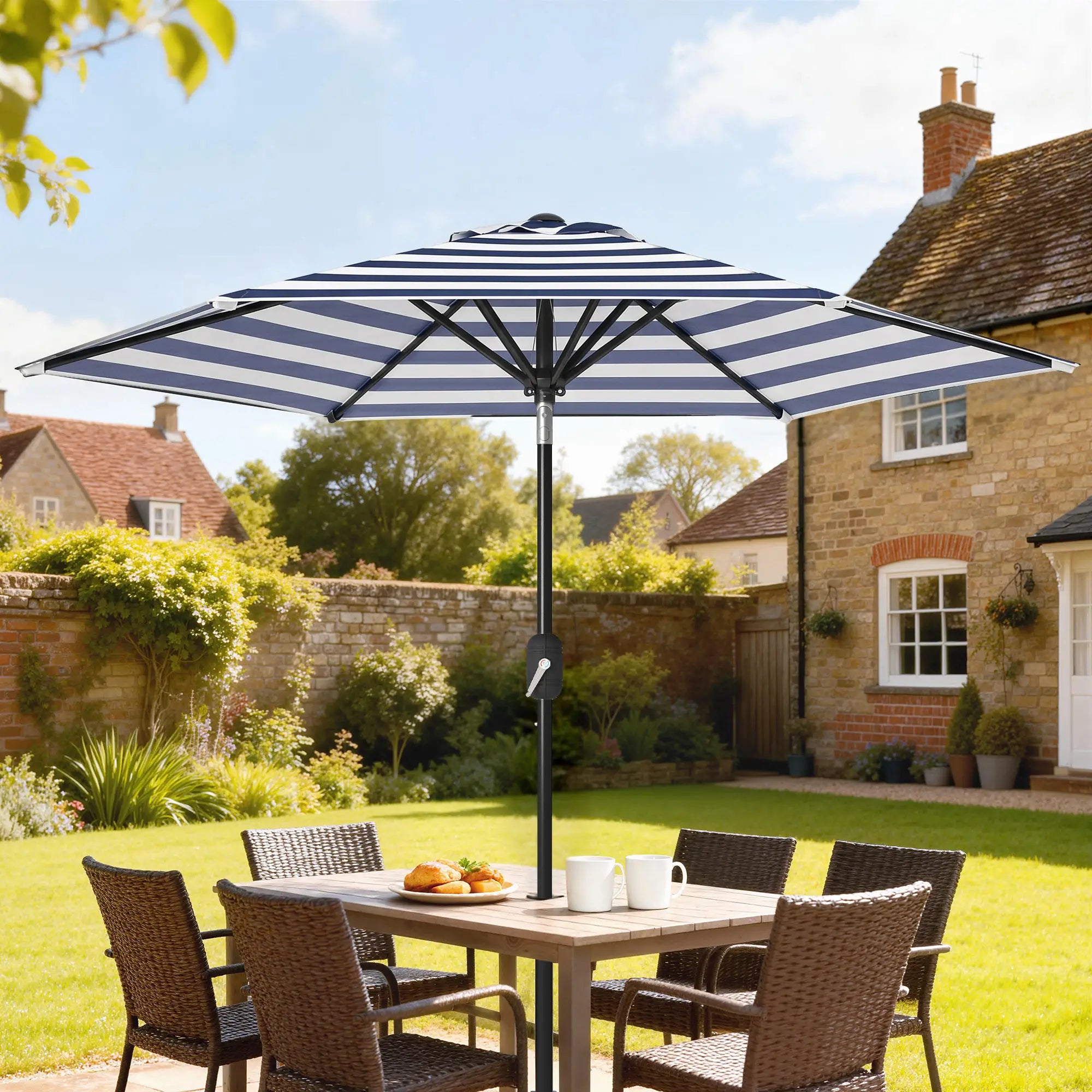 Outdoor Patio Sun Umbrella, 6 Ribs, Stripes, Blue Patio Umbrellas at Gallery Canada