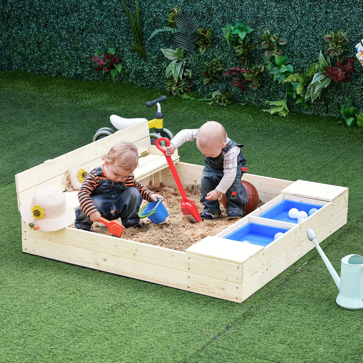 Kids Wooden Sandbox with Foldable Bench, 2 Plastic Boxes, Liner Sandboxes & Accessories at Gallery Canada