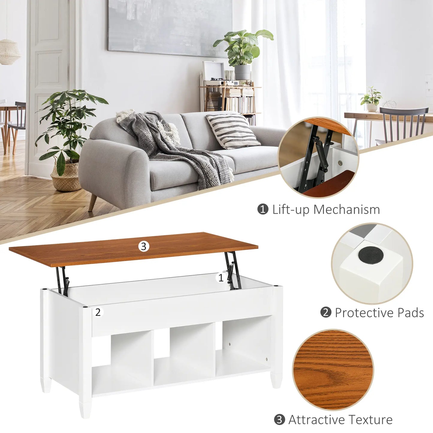 Lift Top Coffee Table, Hidden Storage, 3 Shelves, White and Brown Coffee Tables at Gallery Canada